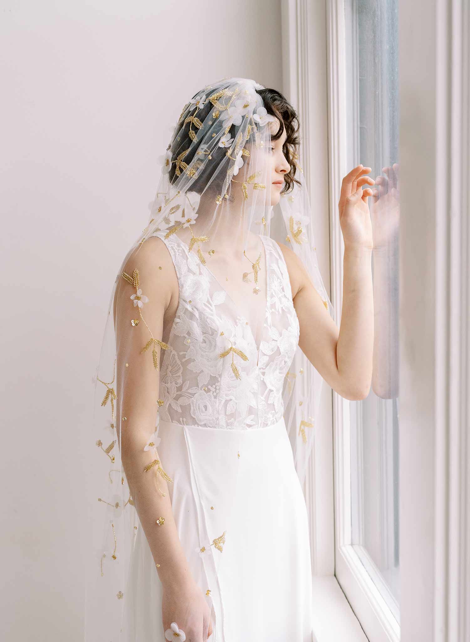 Twigs & Honey Cathedral Train Veil, Bridal Floral Veil - Floral Embroidered Bridal Train Veil, Cathedral - Style #2390
