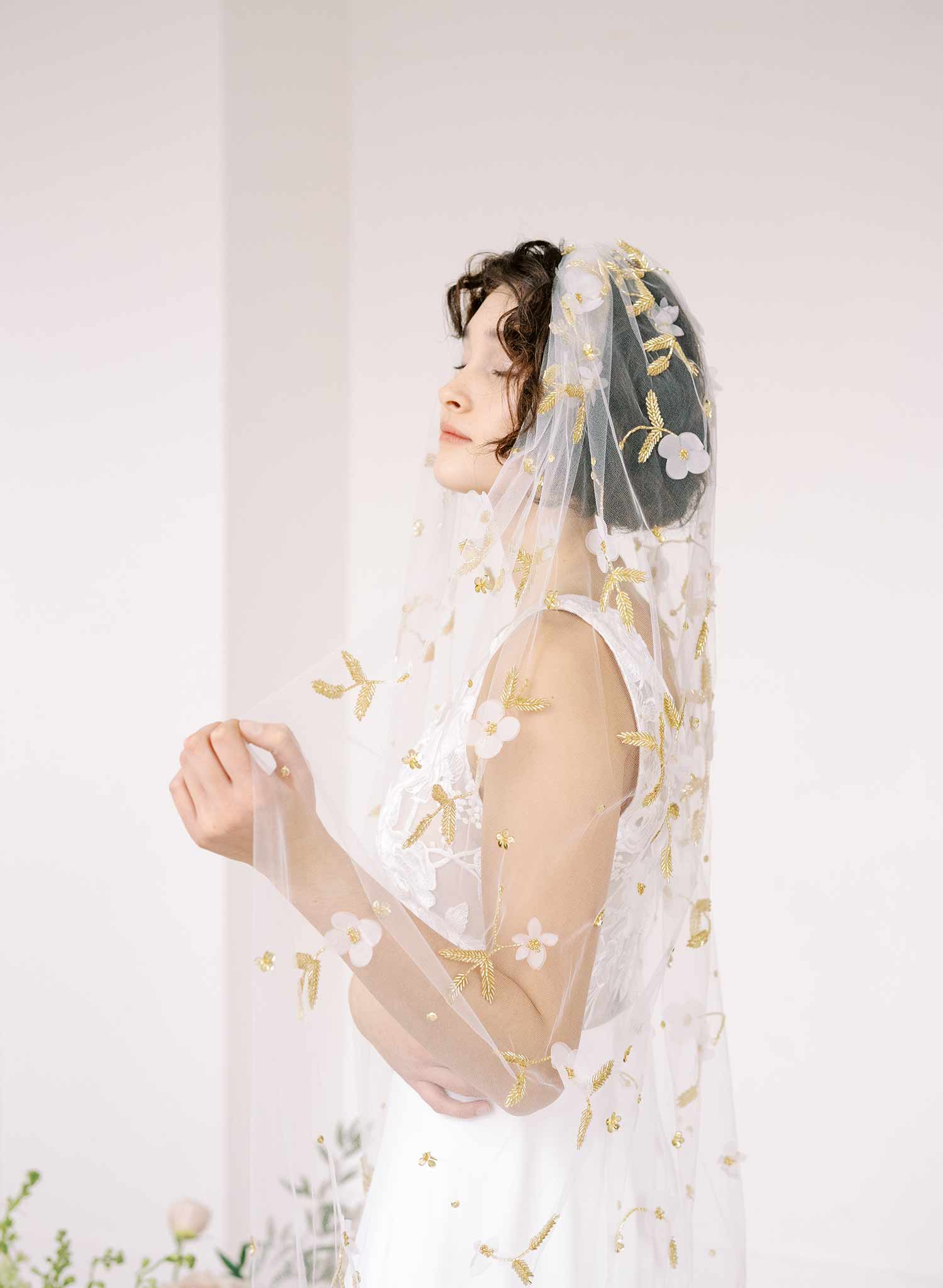 Twigs & Honey Cathedral Train Veil, Bridal Floral Veil - Floral Embroidered Bridal Train Veil, Cathedral - Style #2367