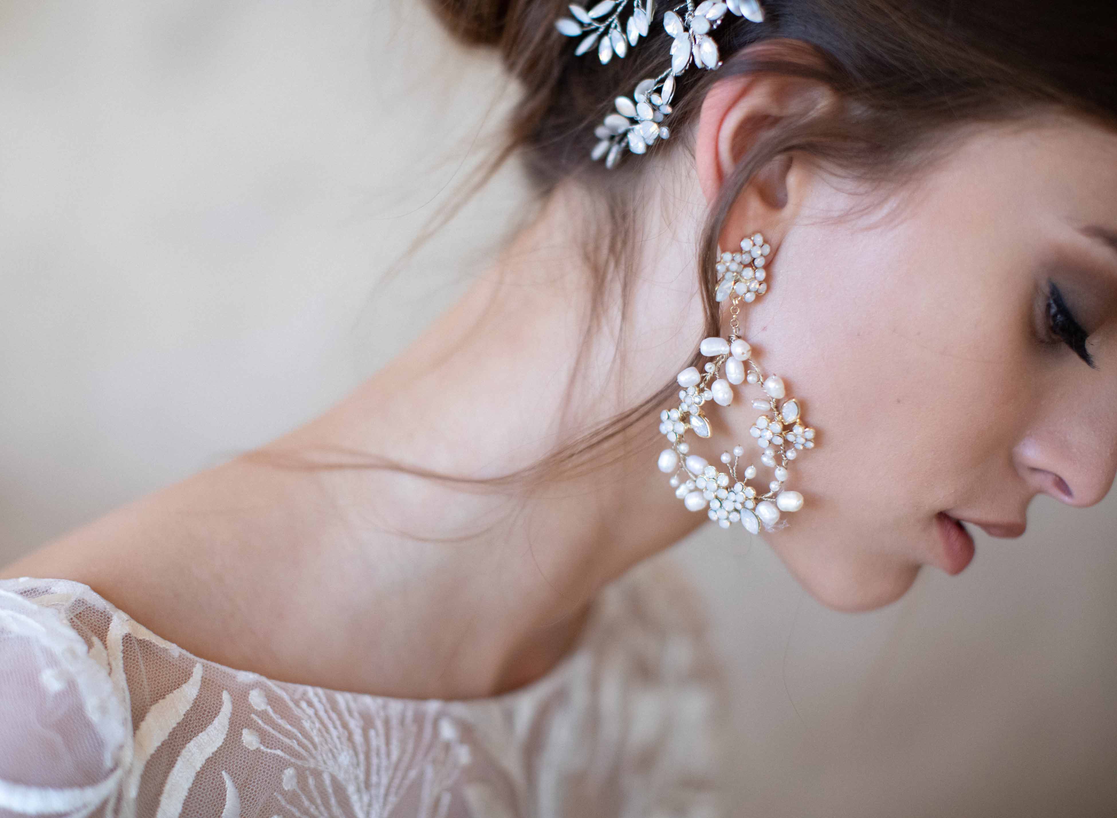 kora bhldn bridal earrings, chandelier, special occasion, pearl, twigs & honey