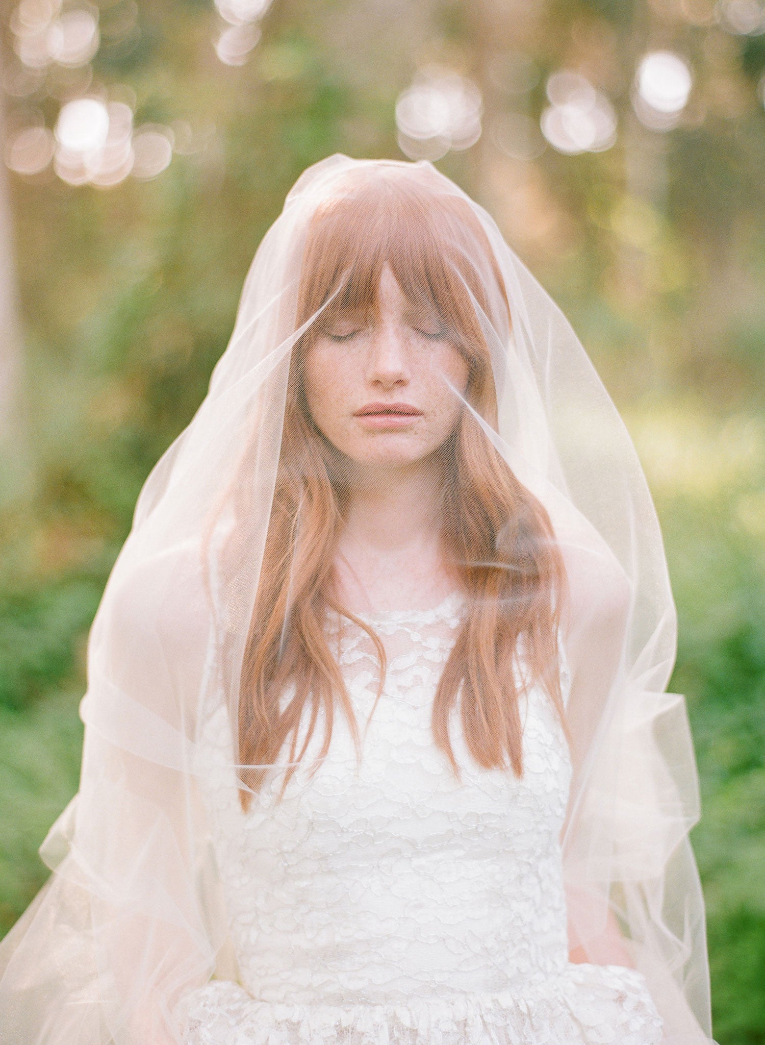 Twigs & Honey Bridal Short Veil with Blusher and Pencil Edge - Merrow Edge Bridal Veil with Blusher - Style #2358