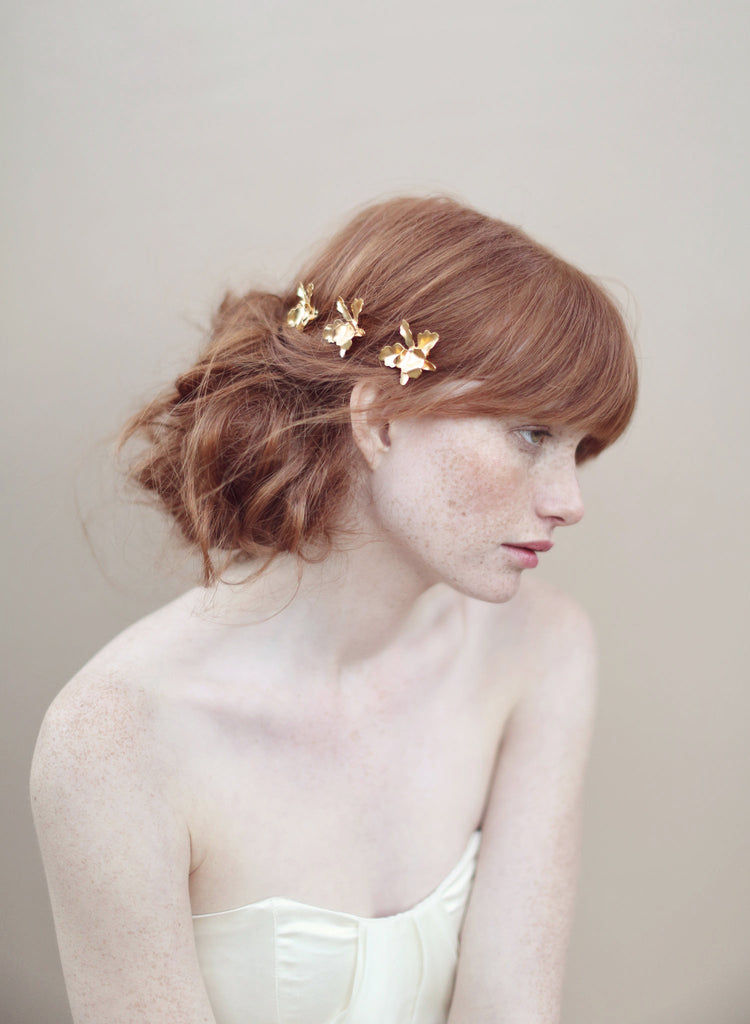 Gold plated petite orchid bobby pin set of 3 - Style #360