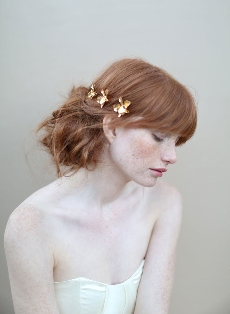 Gold plated petite orchid bobby pin set of 3 - Style #360