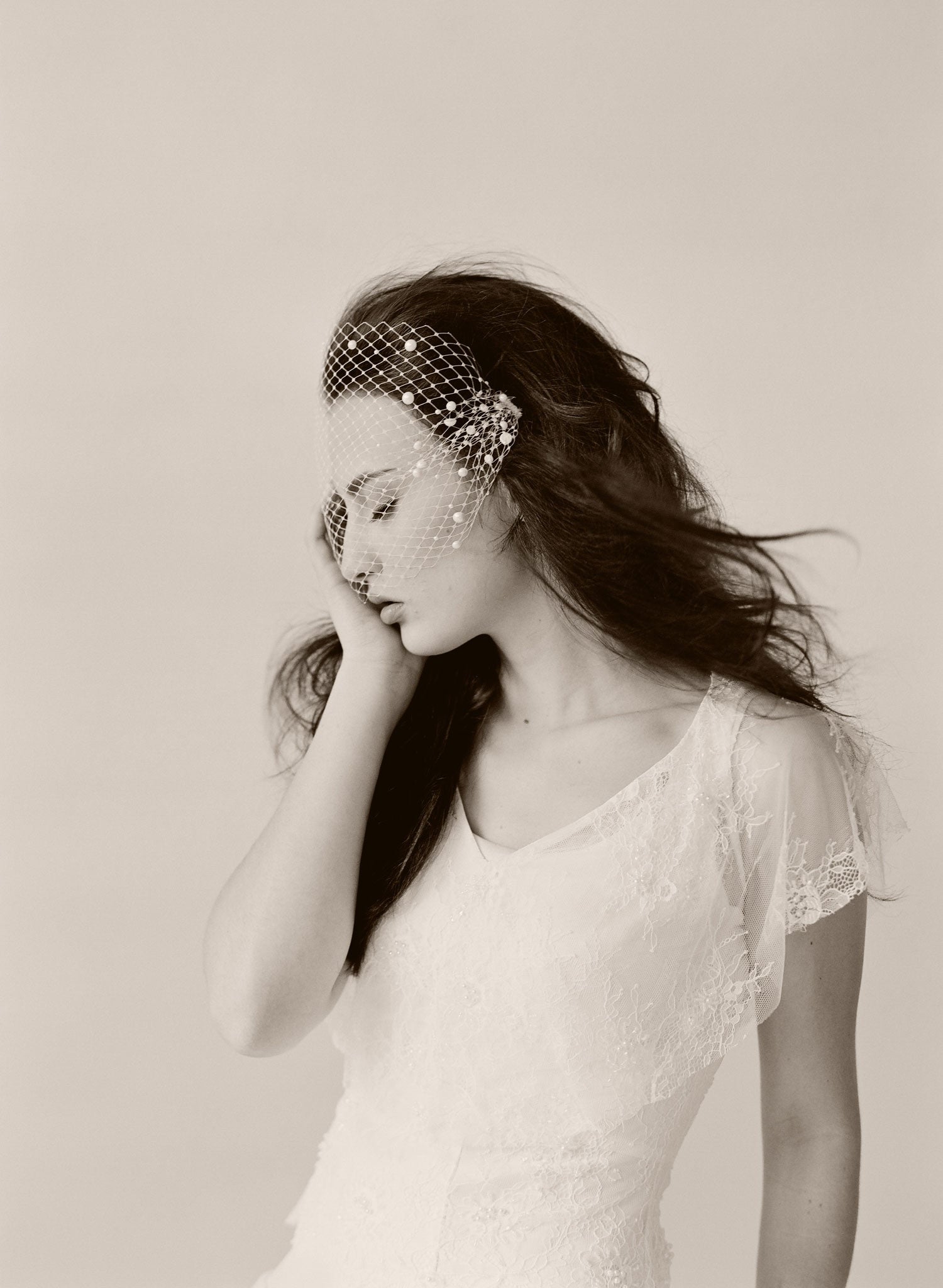 Pearl adorned bandeau birdcage veil - Style # 430