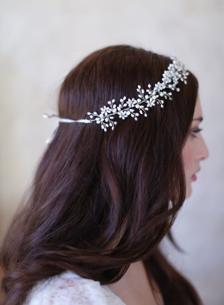 freshwater pearl baby's breath, twigs and honey, pearl bridal crown, wreath, headpiece