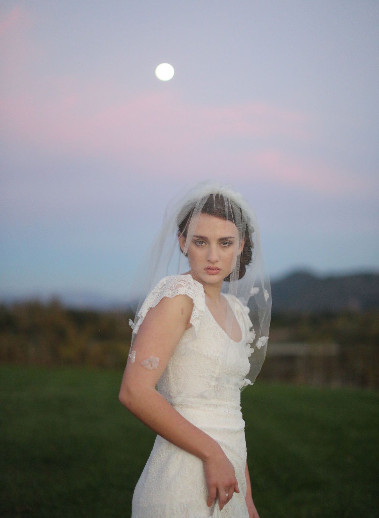 silk tulle birdcage veil, lace flowers, silk flowers, bridal hair, twigs and honey
