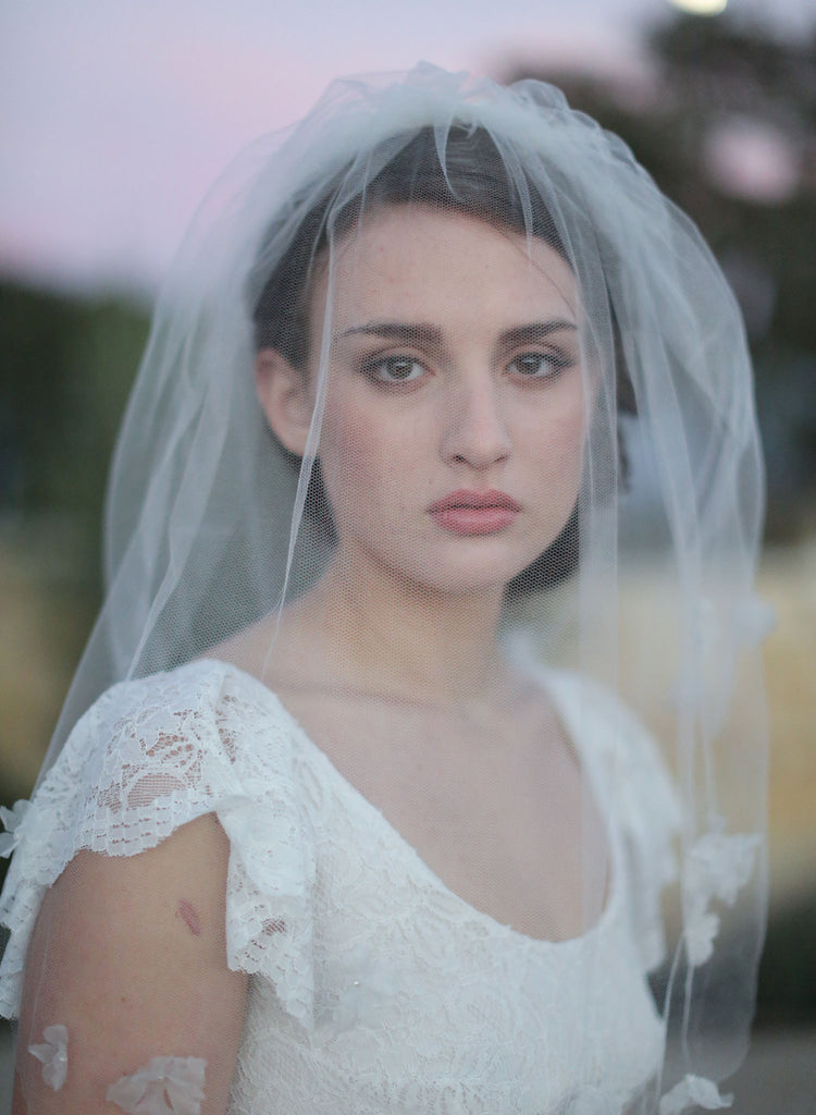 silk tulle birdcage veil, lace flowers, silk flowers, bridal hair, twigs and honey