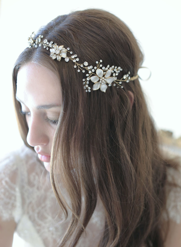 flower hair vine, enamel painted charms, bridal headpiece, whimsical and bohemian