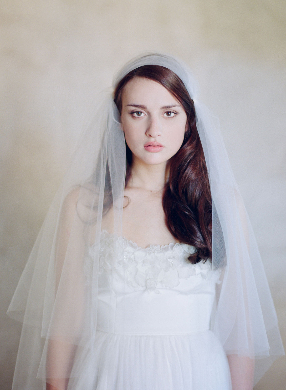 Designer Ivory Fingertip Wedding Veil with Blusher Perfect Bridal Ivory Two Tier 3D Flowers Edge Fingertip Veil main image 2