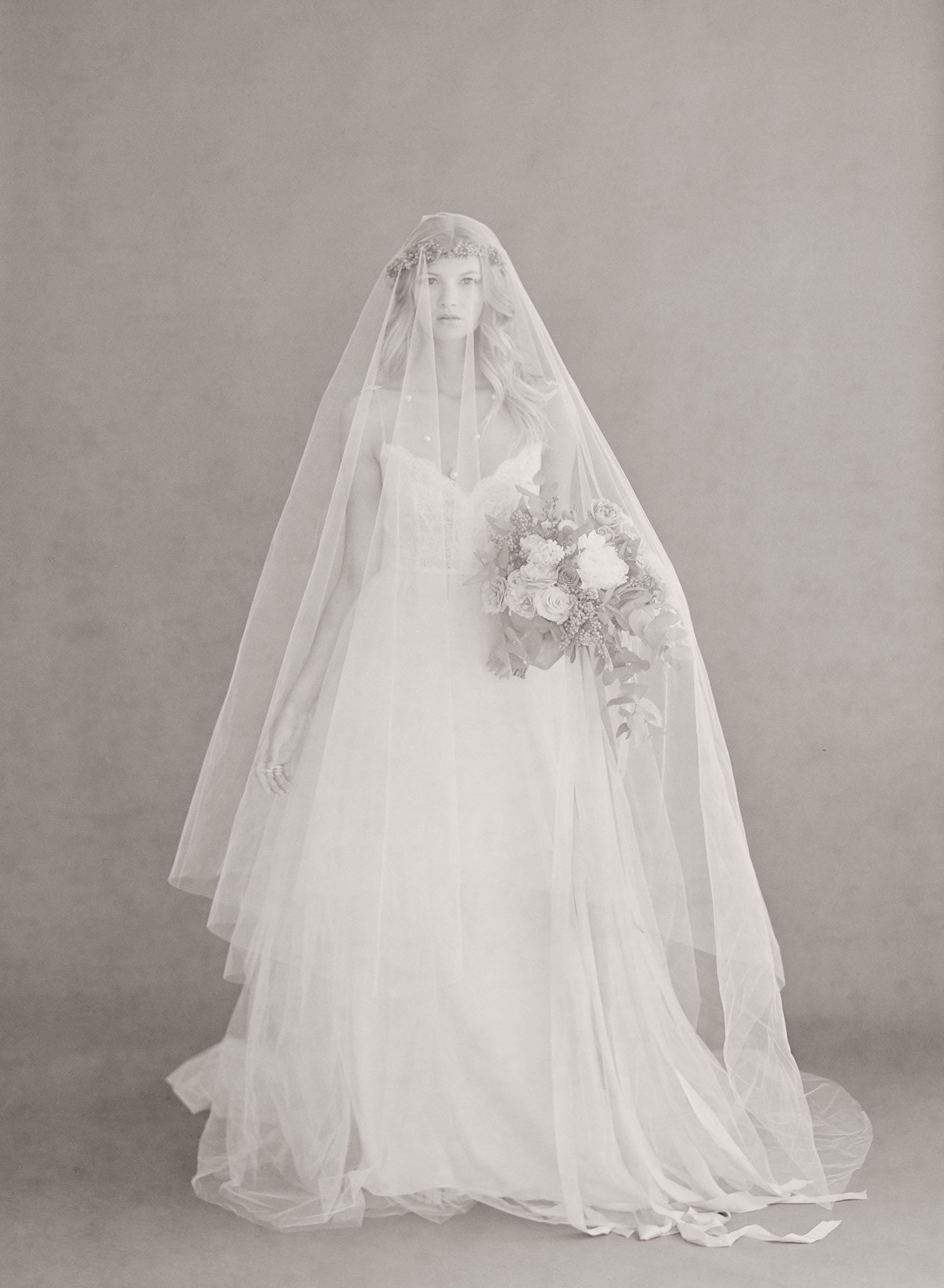 Wide cathedral veil with extra long blusher - Style #668
