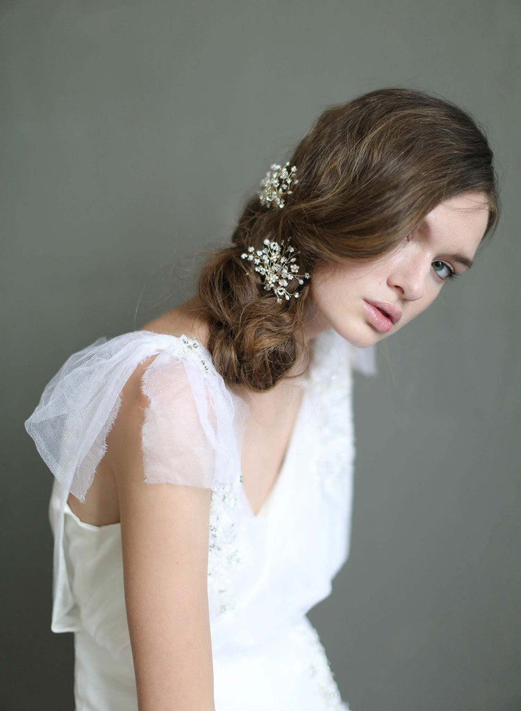 shimmering blossom burst hair pins, bridal hair pins, floral bridal hair accessories, wedding accessories, twigs and honey