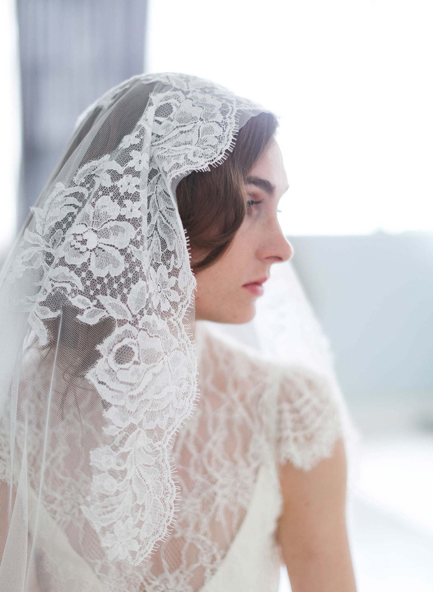Wedding Veil - Mantilla Lace Trimmed Veil with Headband - Style #709
