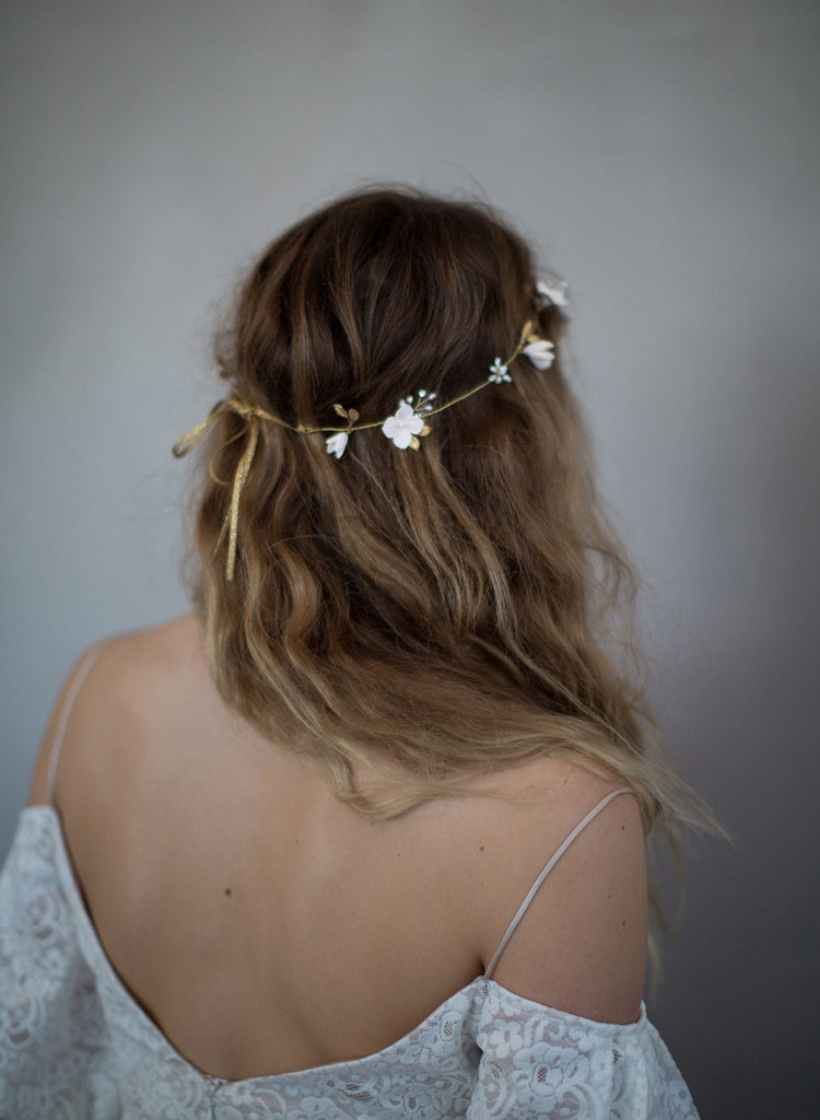 simple sugar blossom hair vine, bridal headpiece, floral hair vine, clay flowers, twigs and honey