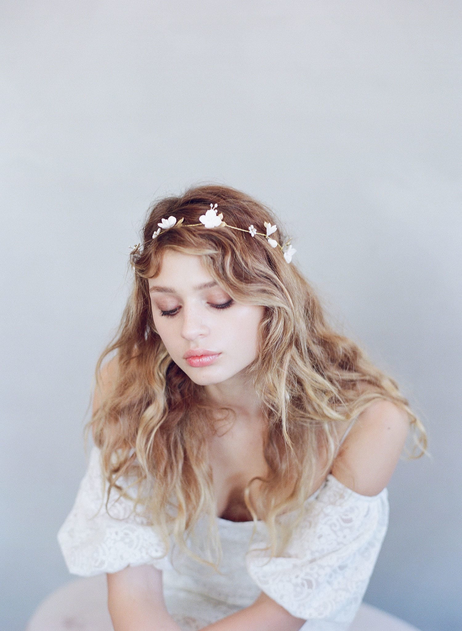 simple sugar blossom hair vine, bridal headpiece, floral hair vine, clay flowers, twigs and honey