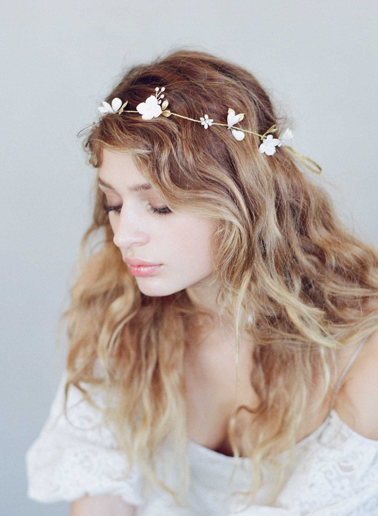 simple sugar blossom hair vine, bridal headpiece, floral hair vine, clay flowers, twigs and honey