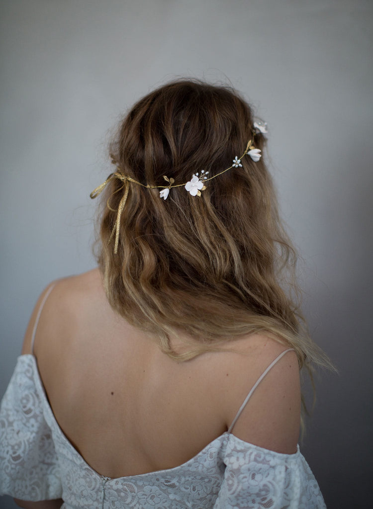 simple sugar blossom hair vine, bridal headpiece, floral hair vine, clay flowers, twigs and honey