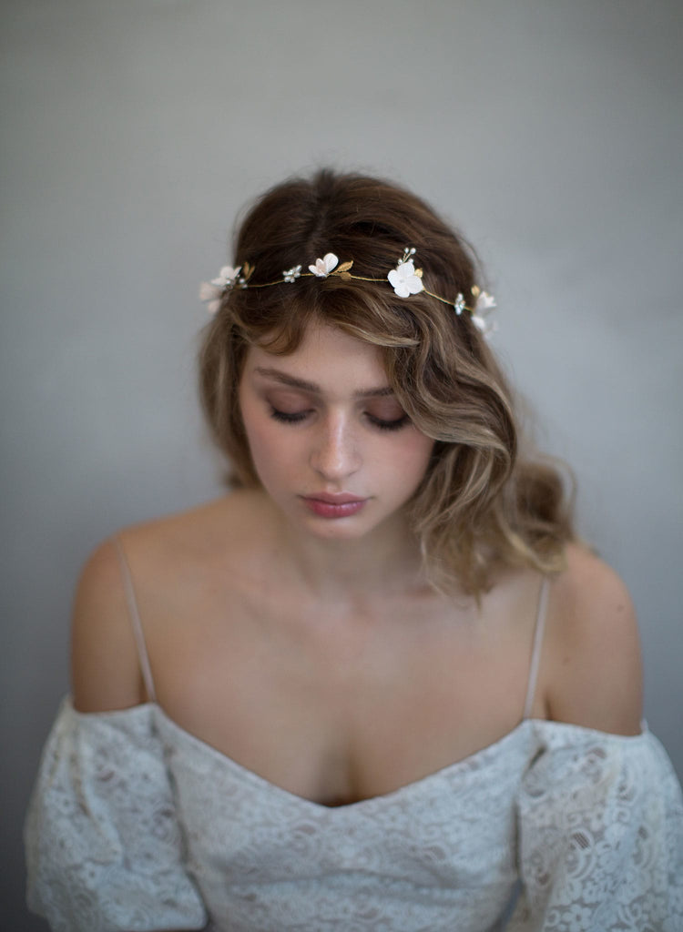 simple sugar blossom hair vine, bridal headpiece, floral hair vine, clay flowers, twigs and honey