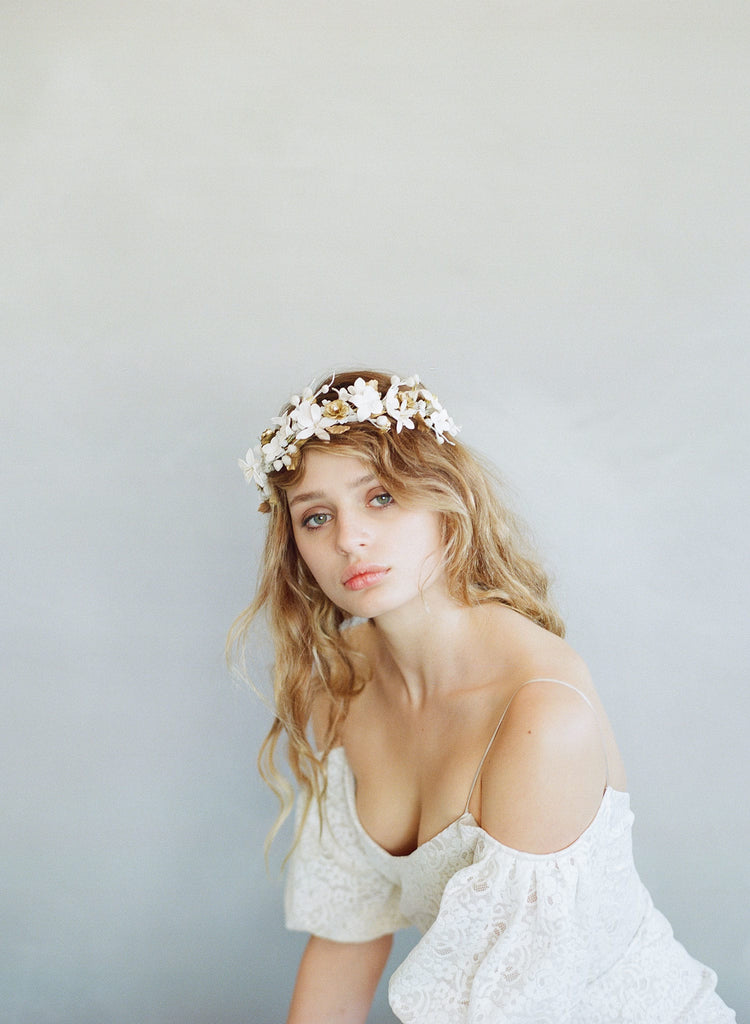 clay flower headpiece, bridal headband, floral headpiece, woodland inspired, wedding floral headband, twigs and honey