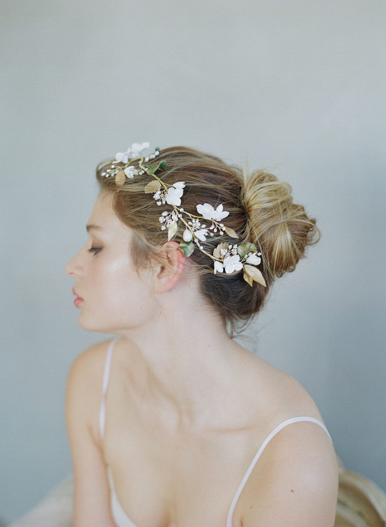 Floral bridal headpiece, clay flower headband, handmade, floral wedding hair adornment, nature inspired, twigs and honey