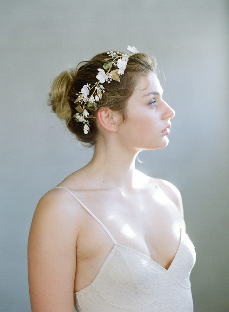 Floral bridal headpiece, clay flower headband, handmade, floral wedding hair adornment, nature inspired, twigs and honey