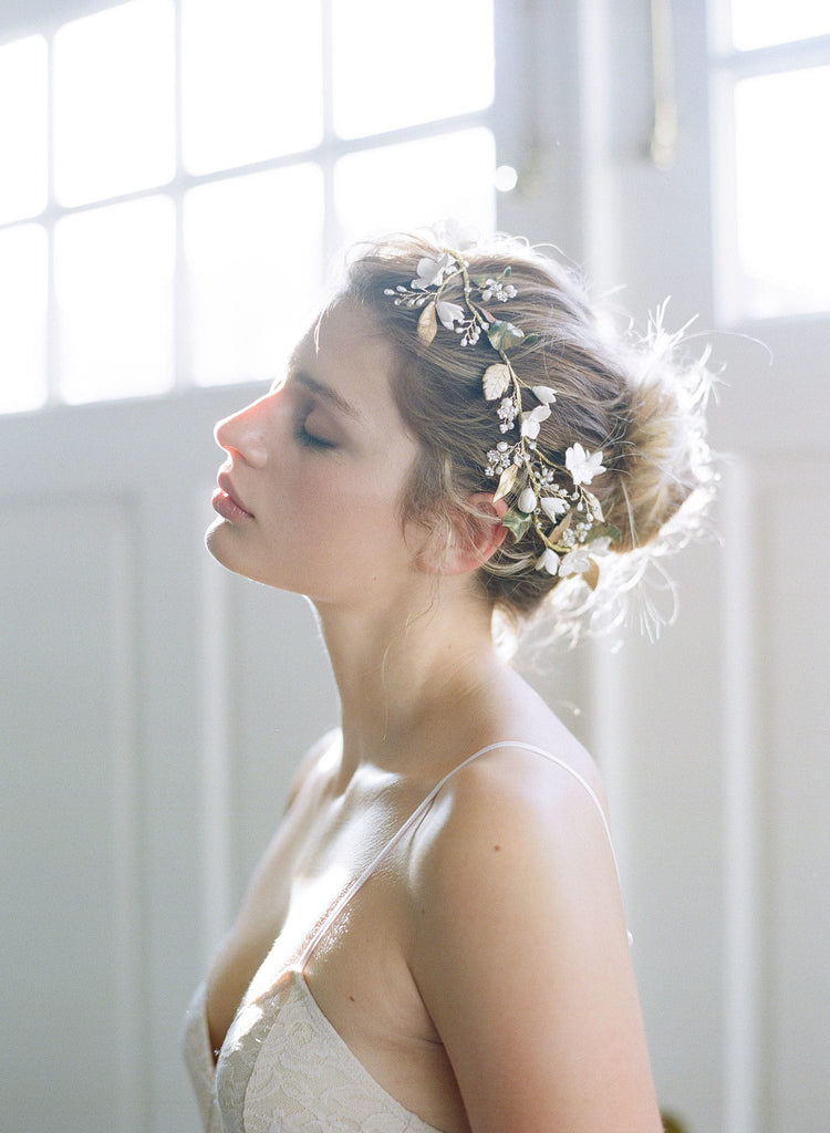 Floral bridal headpiece, clay flower headband, handmade, floral wedding hair adornment, nature inspired, twigs and honey