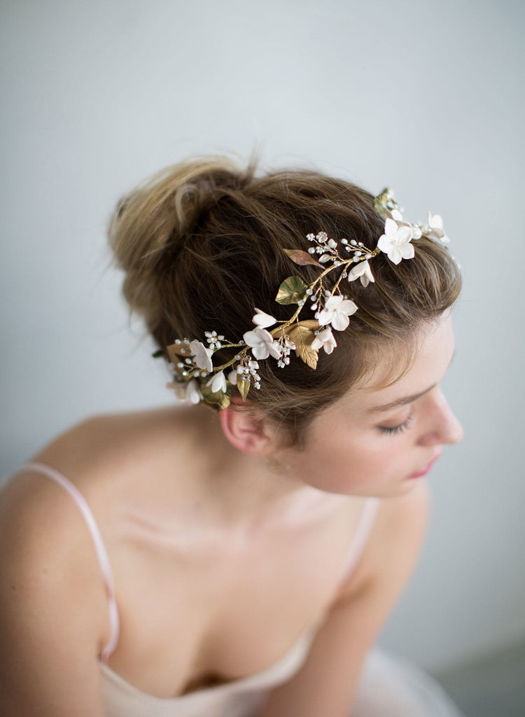 Floral bridal headpiece, clay flower headband, handmade, floral wedding hair adornment, nature inspired, twigs and honey