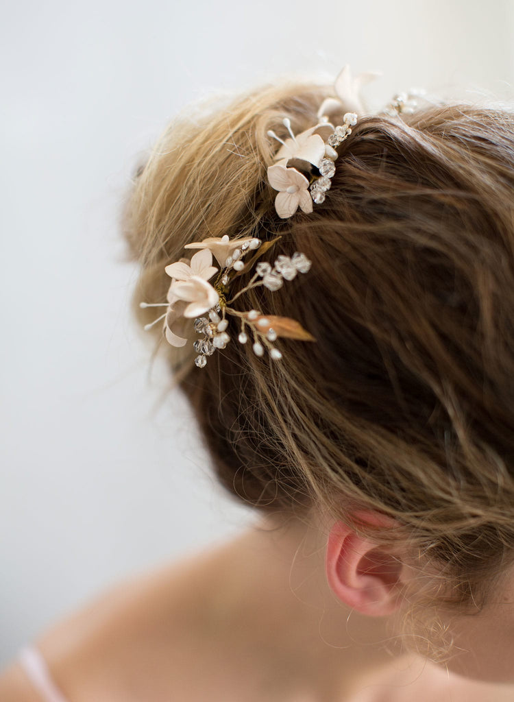 Bridal hair pins, floral bridal hair accessories, clay flowers, nature inspired, twigs and honey