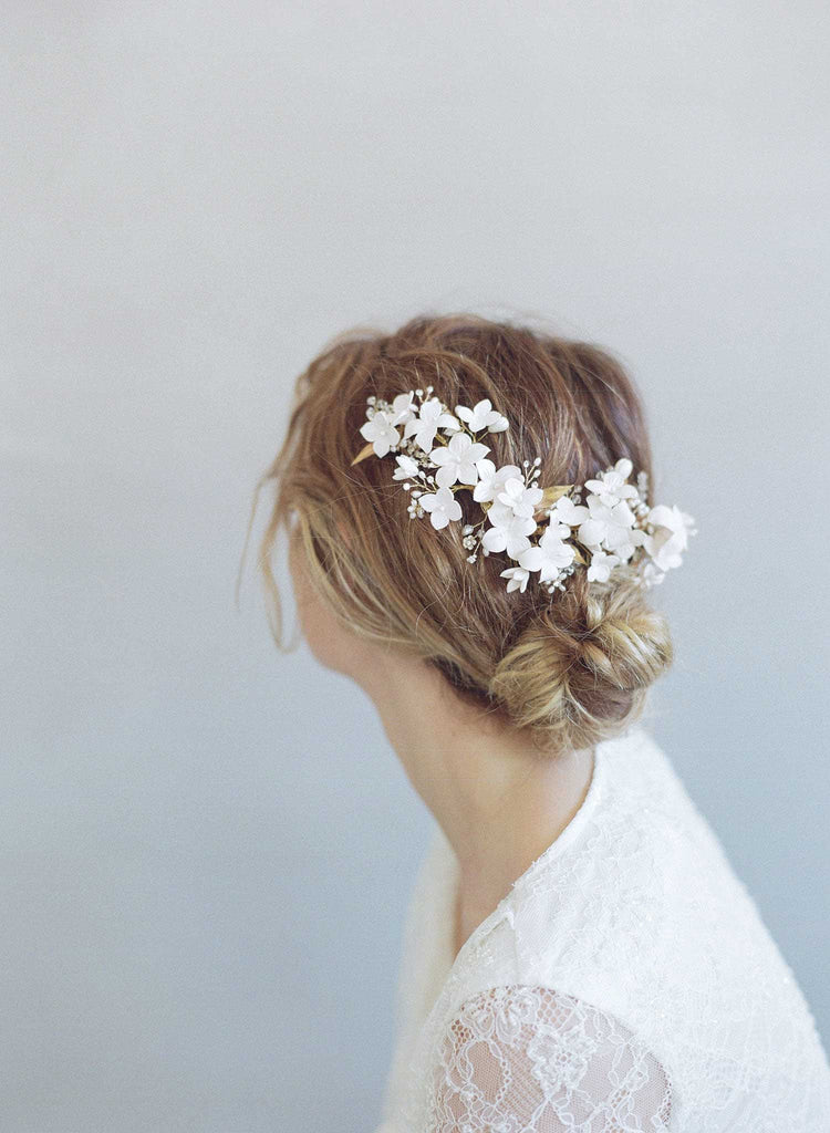 floral bridal headpiece, handmade, clay flowers, bridal hair accessory, nature inspired, twigs and honey