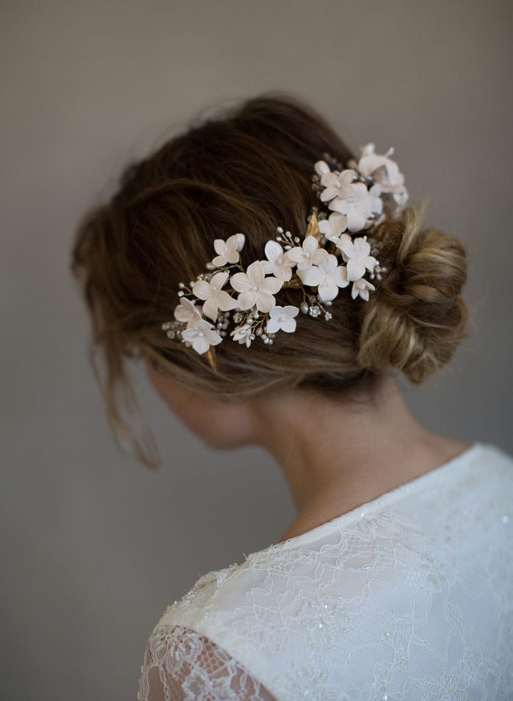 floral bridal headpiece, handmade, clay flowers, bridal hair accessory, nature inspired, twigs and honey