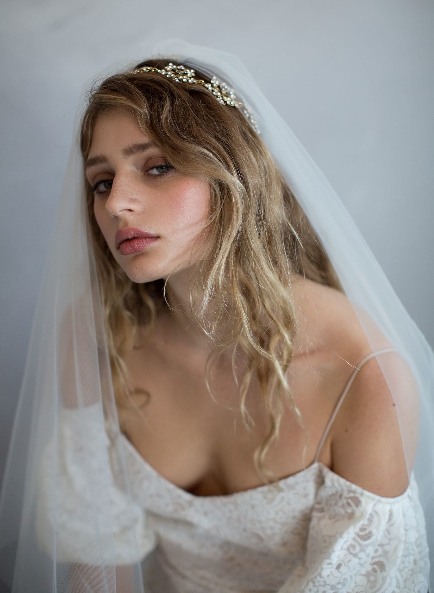 Twigs & Honey Short Bridal Flower Veil with Blusher - Floral Embroidered Short Veil with Blusher - Style #2361