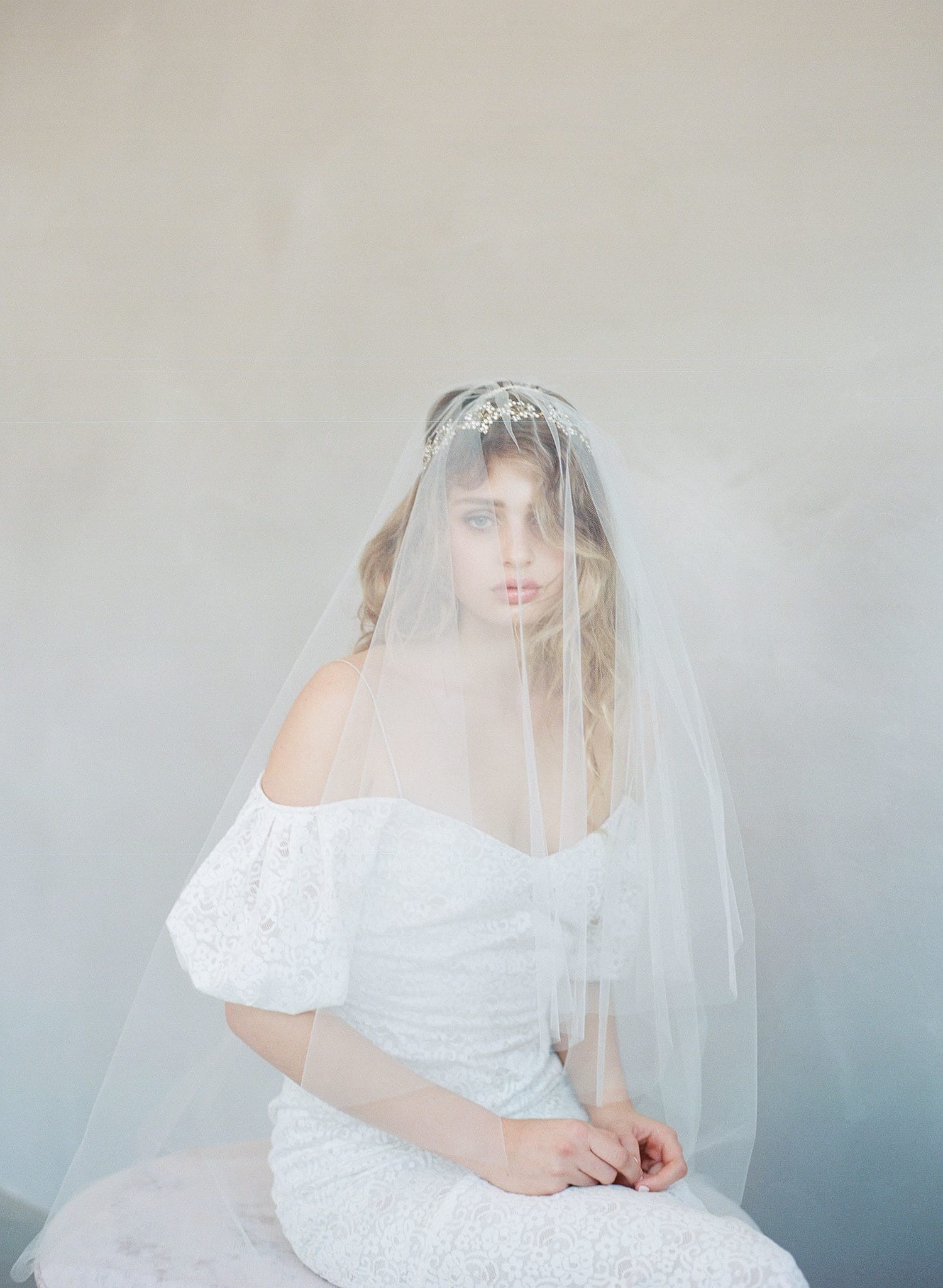 Twigs & Honey Bridal Veil - French Lace Simple Veil with Blusher - Style #787 Cathedral