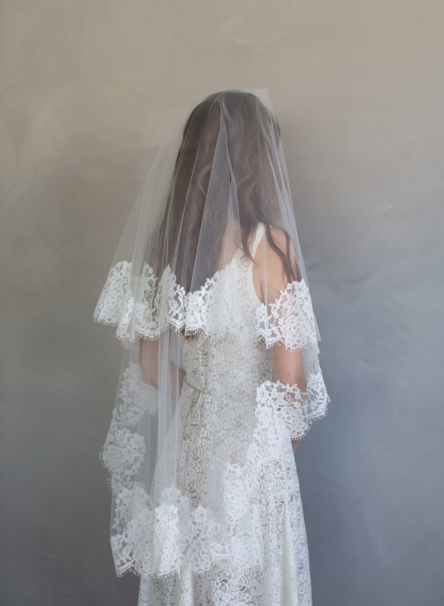 Twigs & Honey Bridal Veil - French Lace Simple Veil with Blusher - Style #787 Cathedral