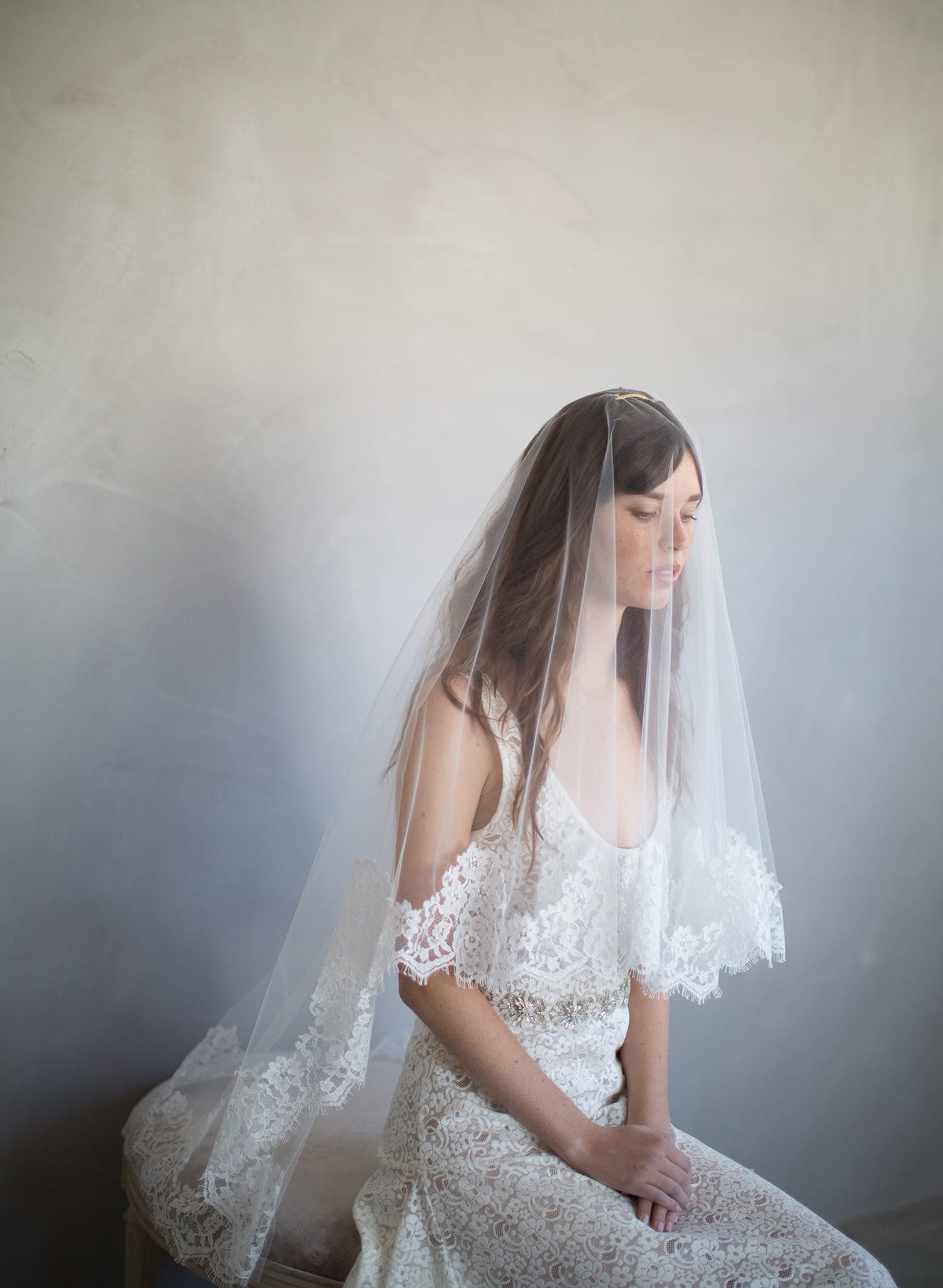 One Blushing Bride Cathedral Veil with Floral French Lace Trim, White/ Ivory White / Chapel 90 Inches / Lace on Bottom of Veil