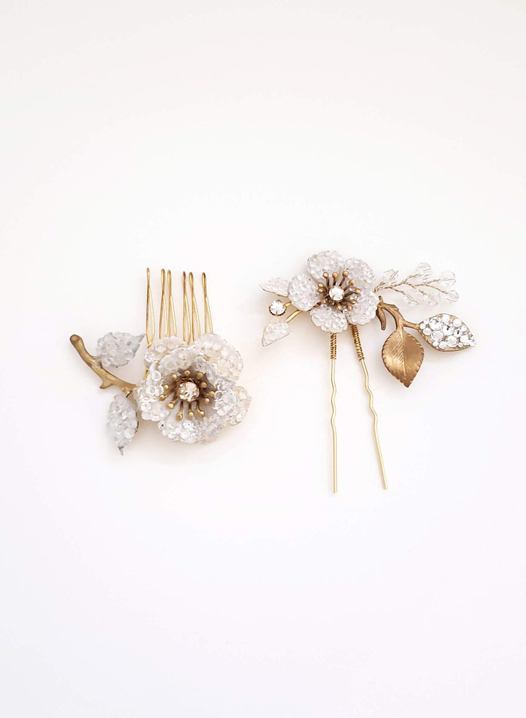 Crystal encrusted bloom comb and pin set of 2 - Style #929