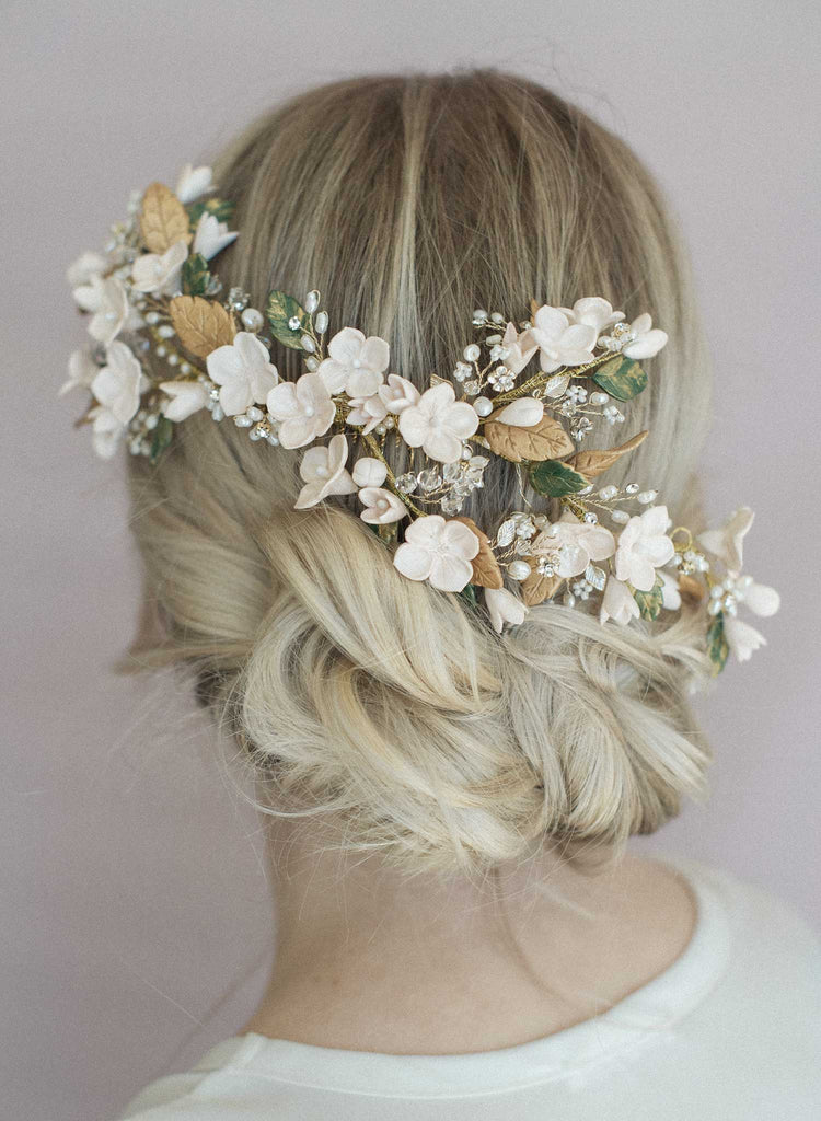 bridal clay flower, floral headpiece, twigs and honey
