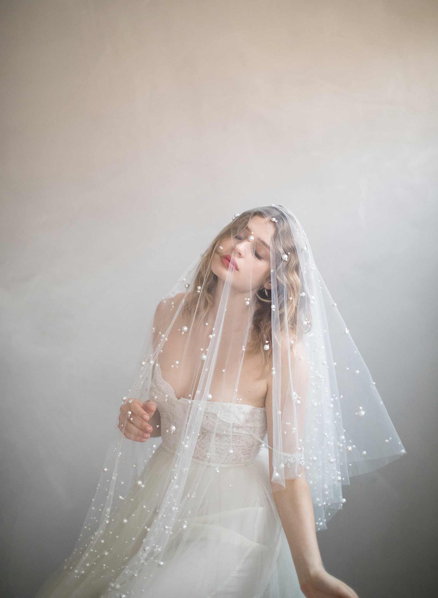 Twigs & Honey Bridal Pearl Veil - Beaded Pearl Leaves Bridal Veil - Style #2066
