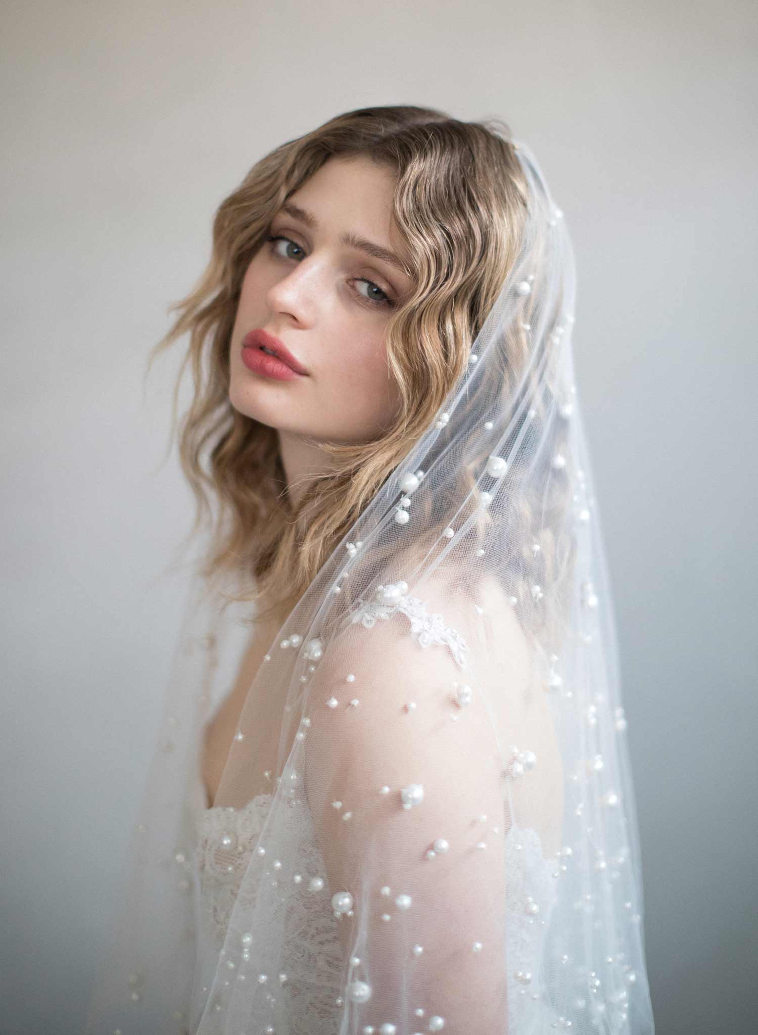 Twigs & Honey Pearl Bridal Veil - Evenly Spaced Small Pearl Veil - Style #969 Light Ivory / 26 Blusher