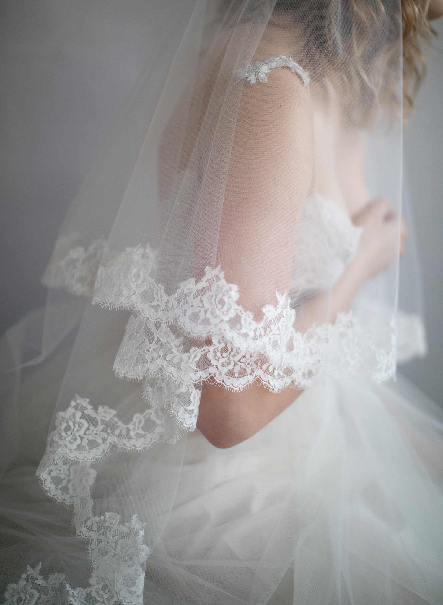 Twigs & Honey Bridal Short Veil with Blusher and Pencil Edge - Merrow Edge Bridal Veil with Blusher - Style #2358