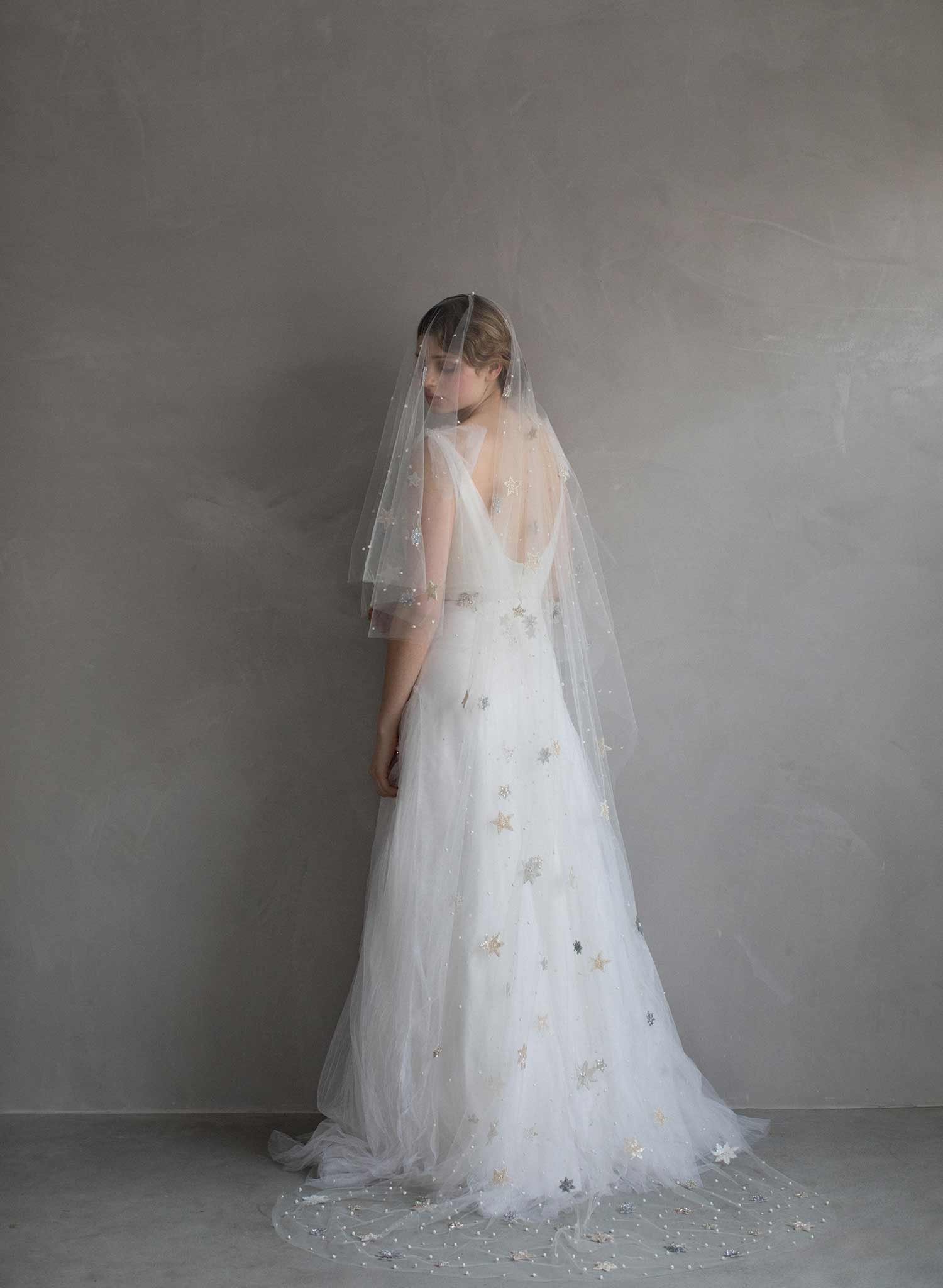 Twigs & Honey Short Bridal Flower Veil with Blusher - Floral Embroidered Short Veil with Blusher - Style #2361