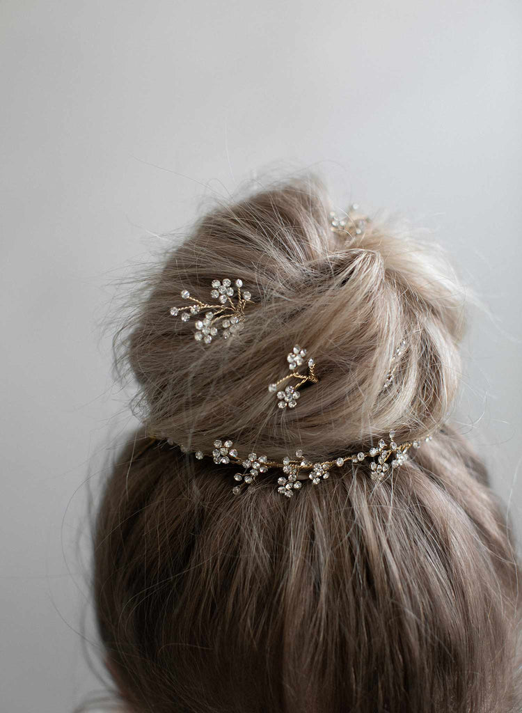 bridal hair pins, hair pin set, floral hair pins, crystal flower pins, bridal hair accessories, wedding accessories, twigs and honey, crystals