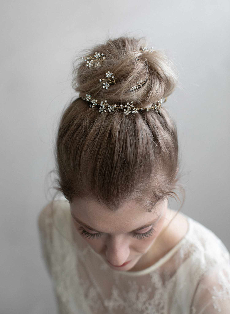 bridal hair pins, hair pin set, floral hair pins, crystal flower pins, bridal hair accessories, wedding accessories, twigs and honey, crystals