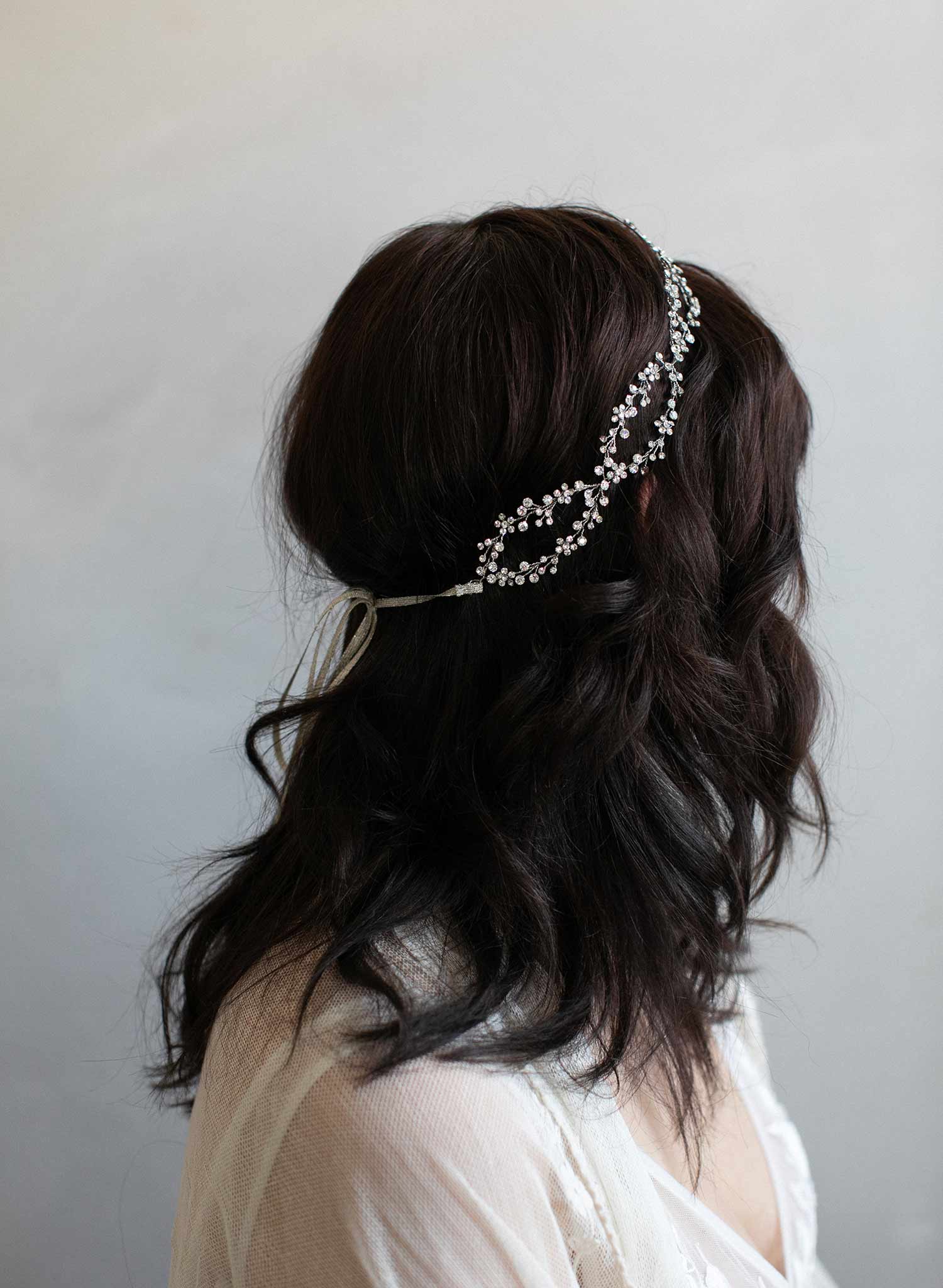 Rhinestone Crystal Bridal Headband, Silver Vine and Flower Hair Chain