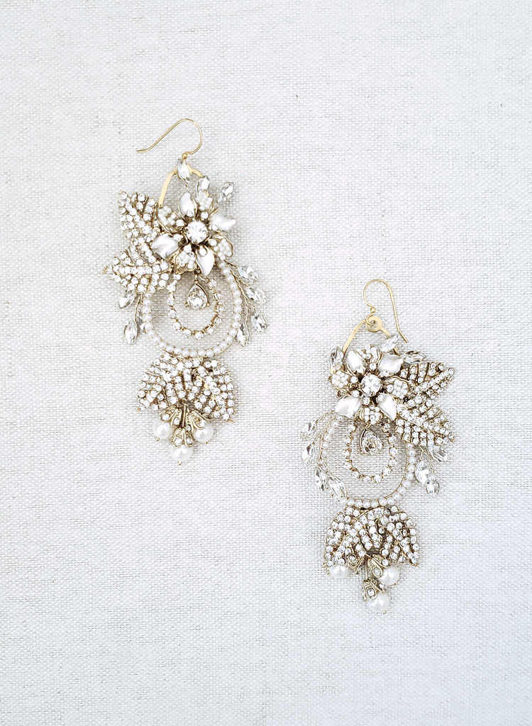 Regal gold flower and leaf chandelier earrings- Style #910