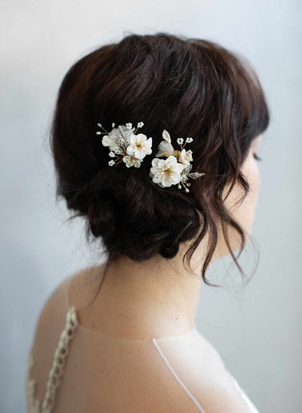 Floral bridal hair pins, Florelle - Creamy blossom hair pin set of 2 -  Style #925