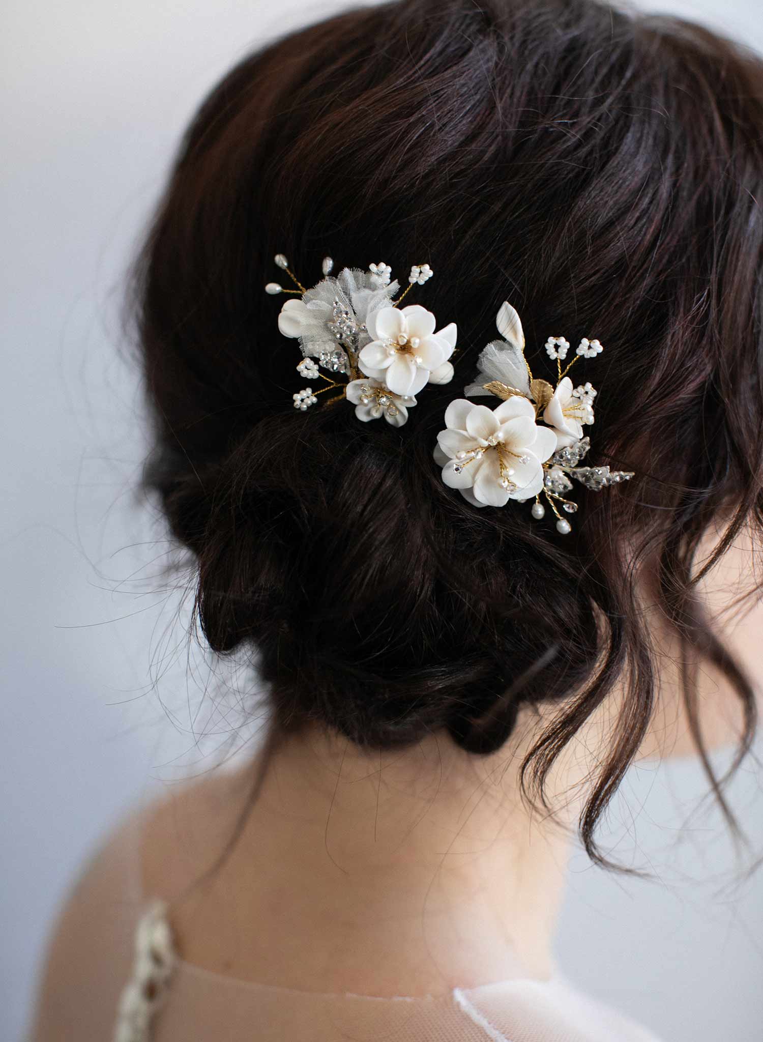 bridal hair pins, hair pin set, wedding hair pins, floral bridal pins, clay flowers, hair accessory, twigs and honey