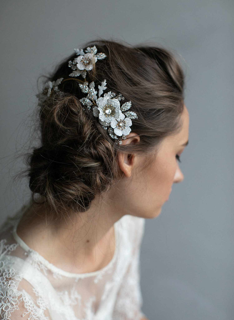 bridal headpiece, crystal encrusted, climbing headpiece, bridal hair accessory, floral bridal hair comb, twigs and honey