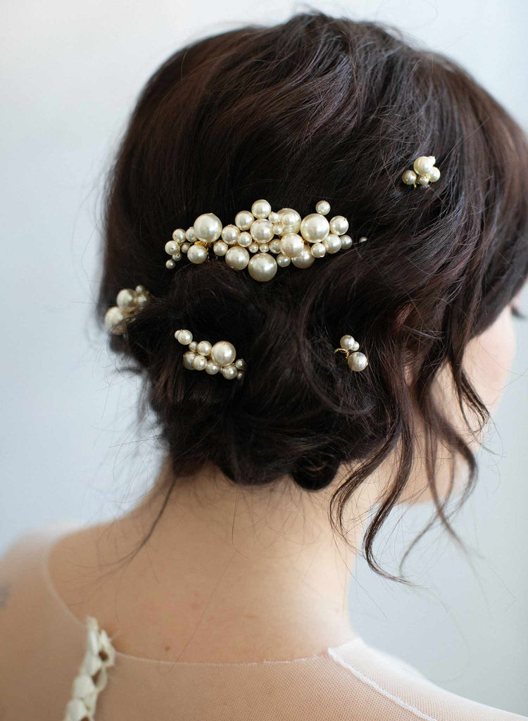 bridal hair pin set, pearl hair pins, bridal pearl hair accessory, pearl wedding accessory, twigs and honey, pearls