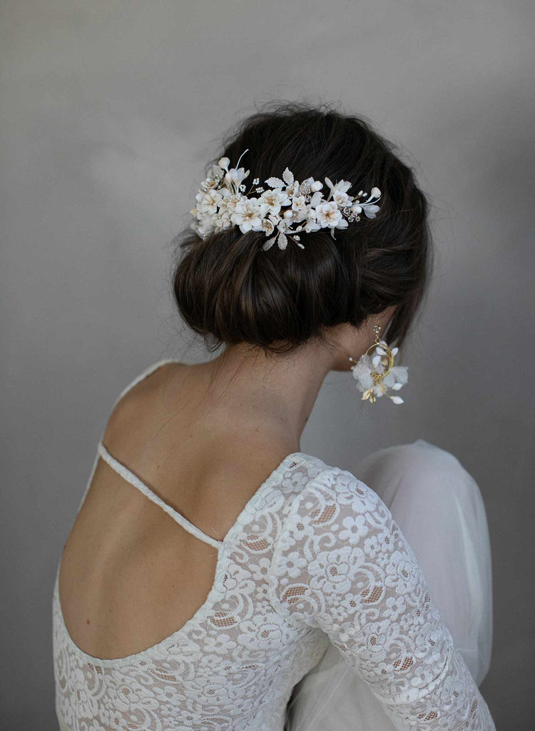 floral bridal headpiece, floral headpiece, bridal hair comb, clay flower headpiece, clay flowers, twigs and honey, bridal hair accessory