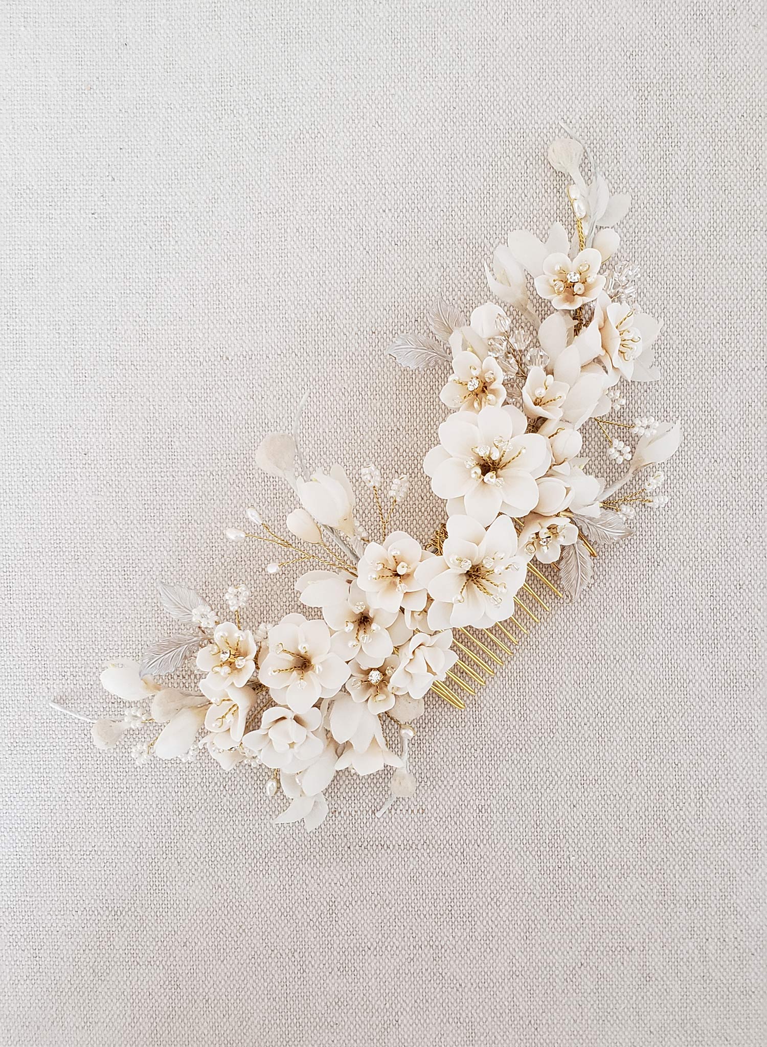 floral bridal headpiece, floral headpiece, bridal hair comb, clay flower headpiece, clay flowers, twigs and honey, bridal hair accessory