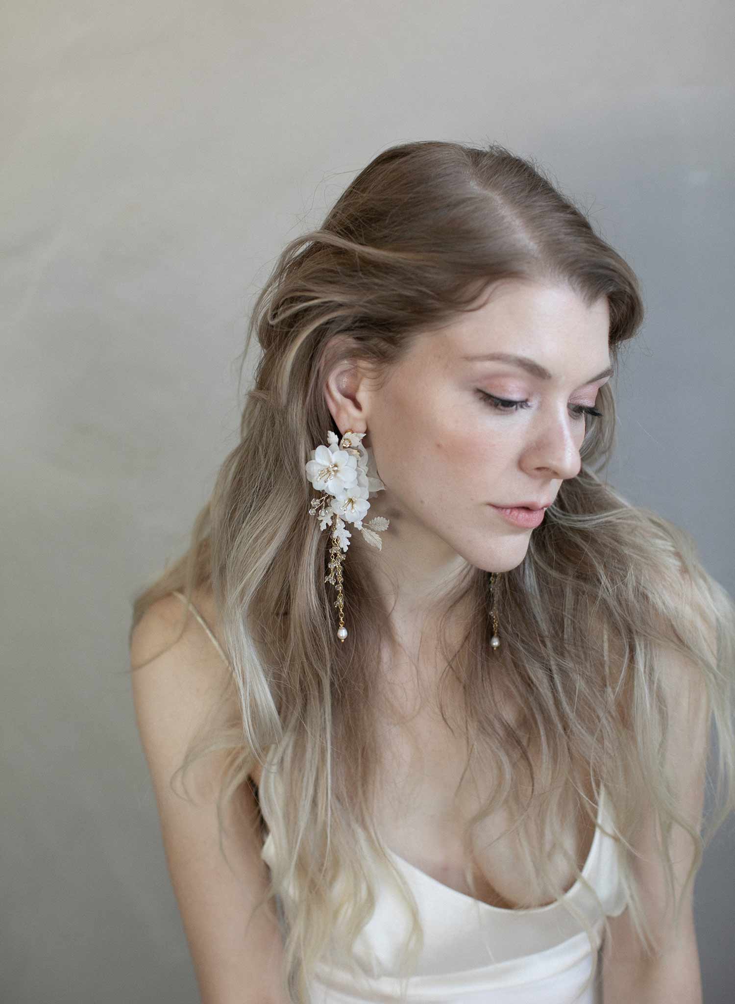 bridal earrings, clay flower earrings, ivory bridal earrings, bridal accessory, wedding jewelry, jewelry, earrings, twigs and honey