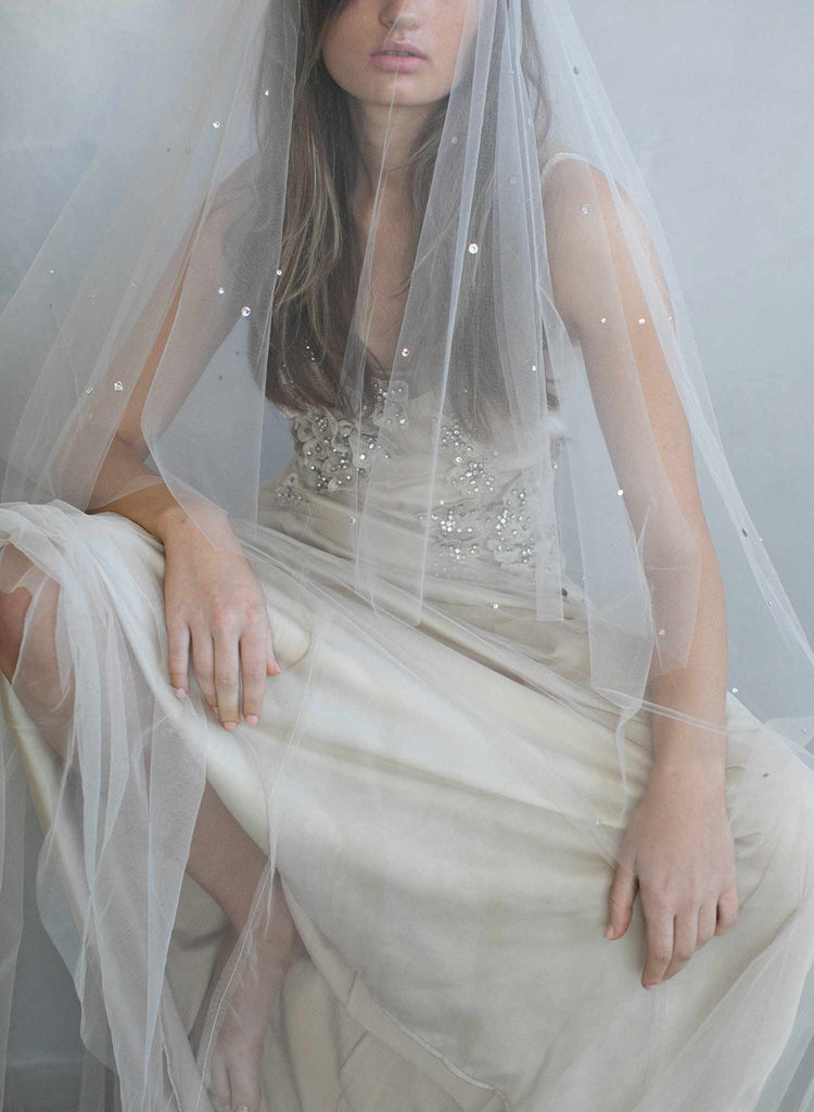 One Blushing Bride Cathedral Length Wedding Veil with Scattered Rhinestone Crystals Blush / Royal 120